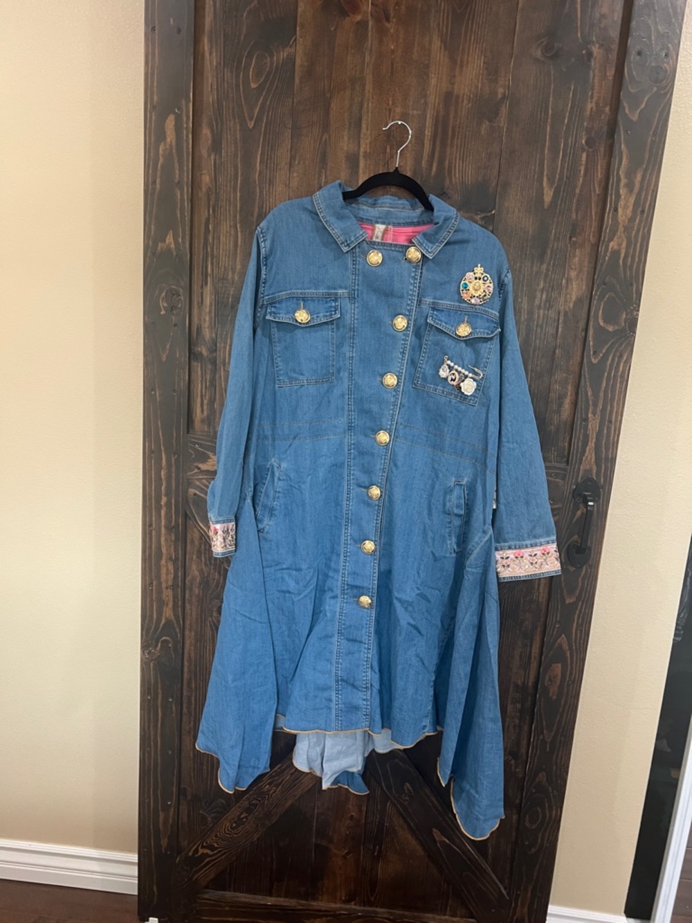 Aratta Blue MONTE CARLO DENIM COAT with Pink Lining and Gold Buttons